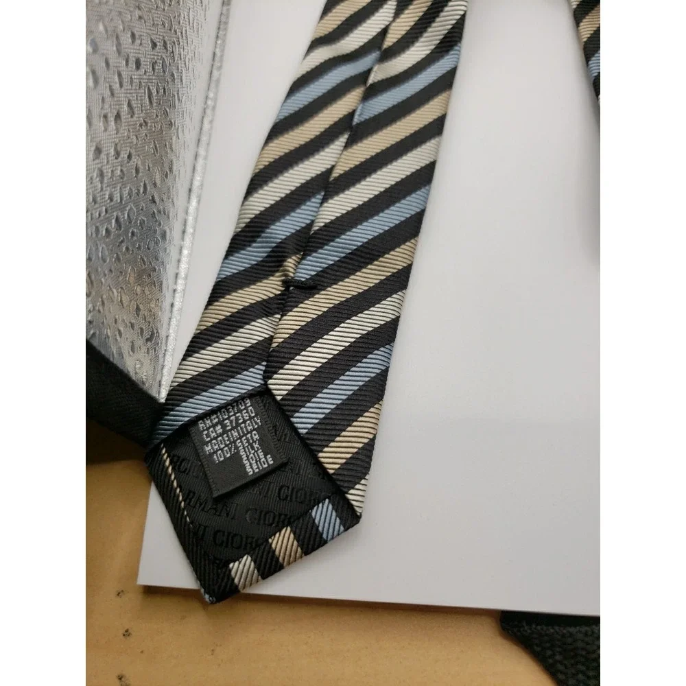 Giorgio Armani Mens Silk Tie Black Blue White Gold Striped Pattern Made in Italy